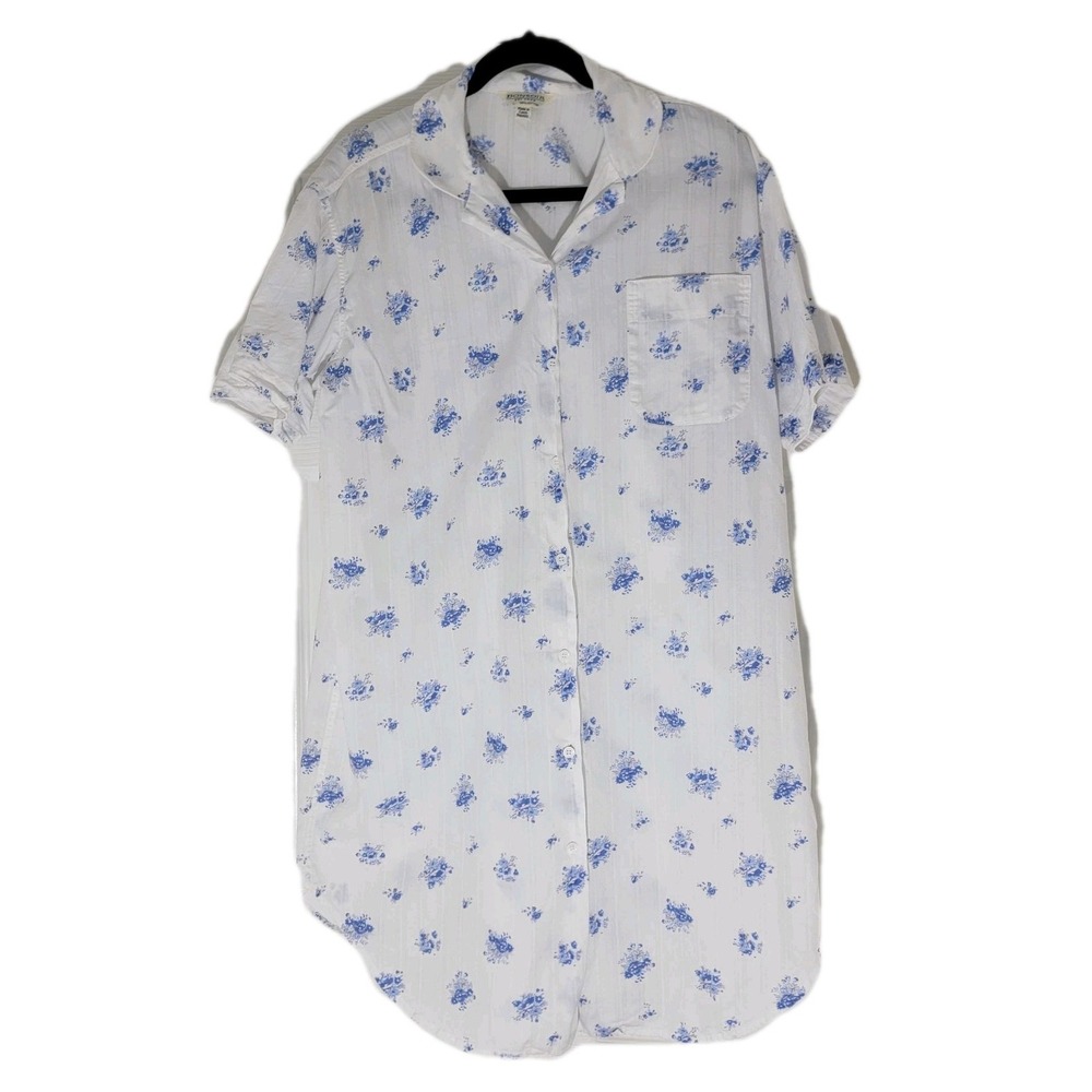 Bonsoir 100% Cotton Nightshirt Short Sleeve White Blue Floral Button Front‎ Sz L